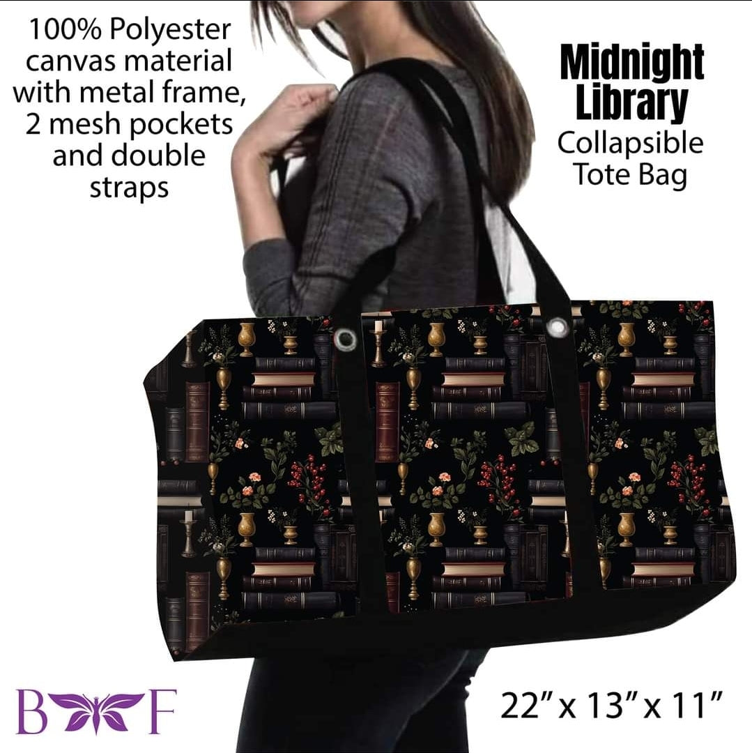 Midnight Library tote and 2 inside mesh pockets