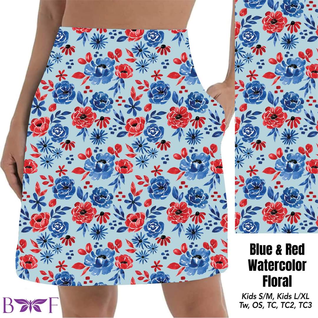 Blue & Red Watercolor Floral capris and skorts with pockets