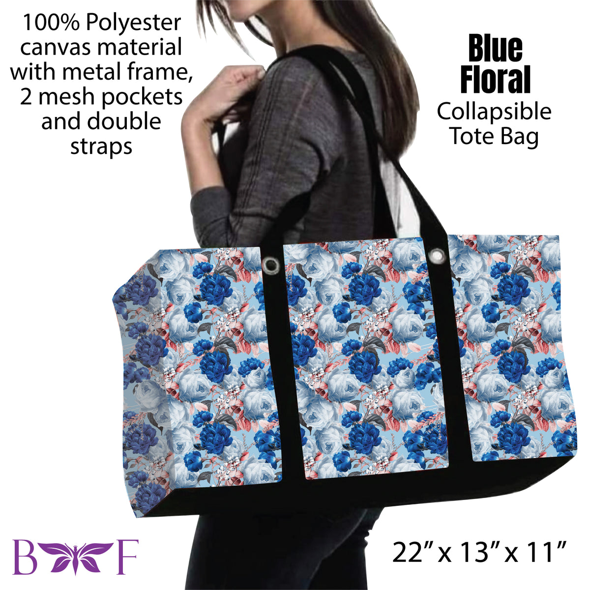 Blue Floral tote and 2 inside mesh pockets