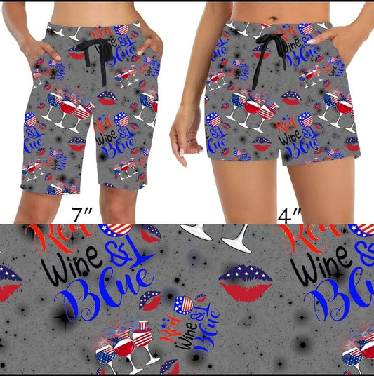 Red, Wine and Blue capris, joggers, capri joggers, capri loungers, skorts, and shorts