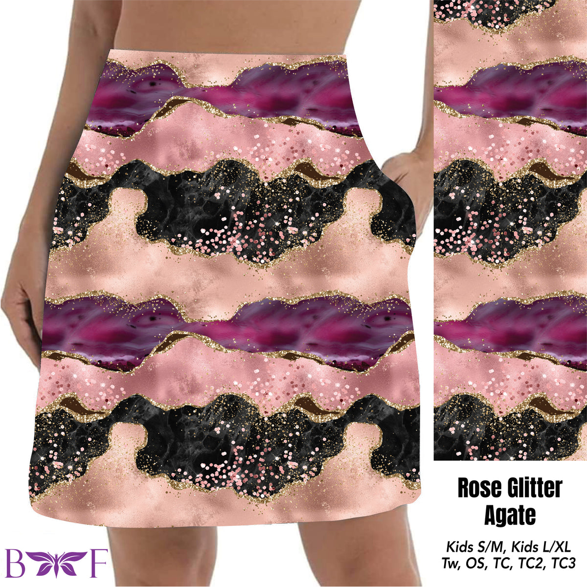 Rose Glitter Agate skorts and plus size capris with pockets
