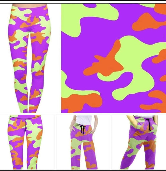 Purple, Green, and Orange Camo leggings & capris with pockets