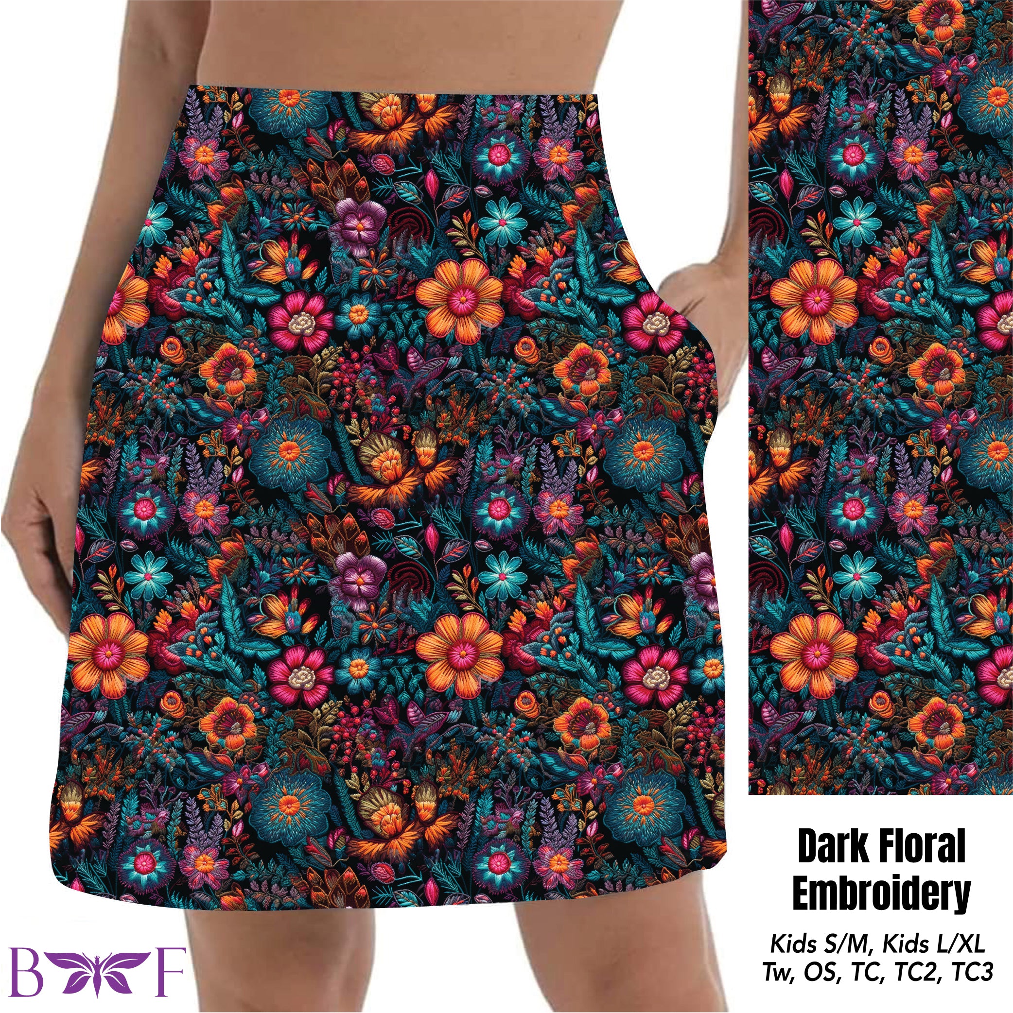 Dark Floral Embroidery Skort