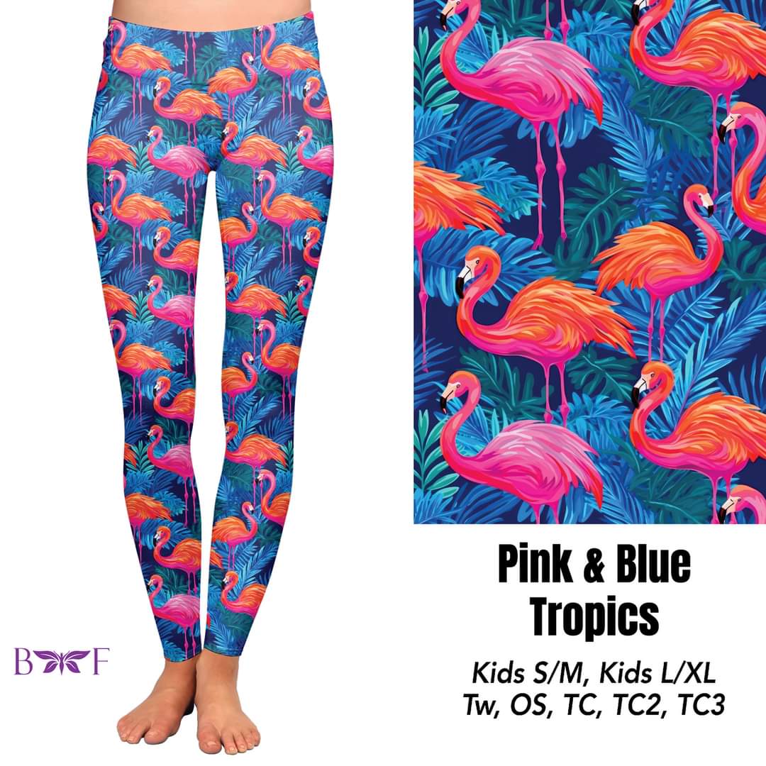 Pink and Blue Tropic flamingos leggings, capris and skorts