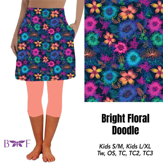 Bright Floral Doodle Skirted Capris