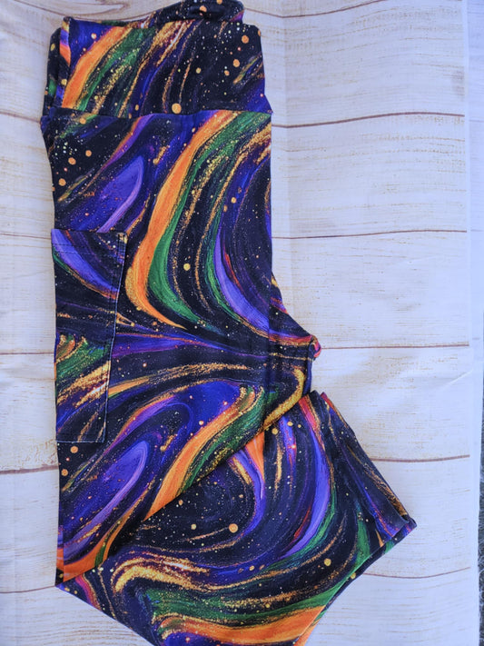 Purple, Green and Gold marble capris and skorts with pockets