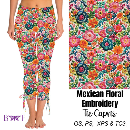 Mexican Floral Embroidery Side Tie Capris