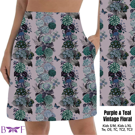 Purple & Teal Vintage Floral leggings and skorts with pockets
