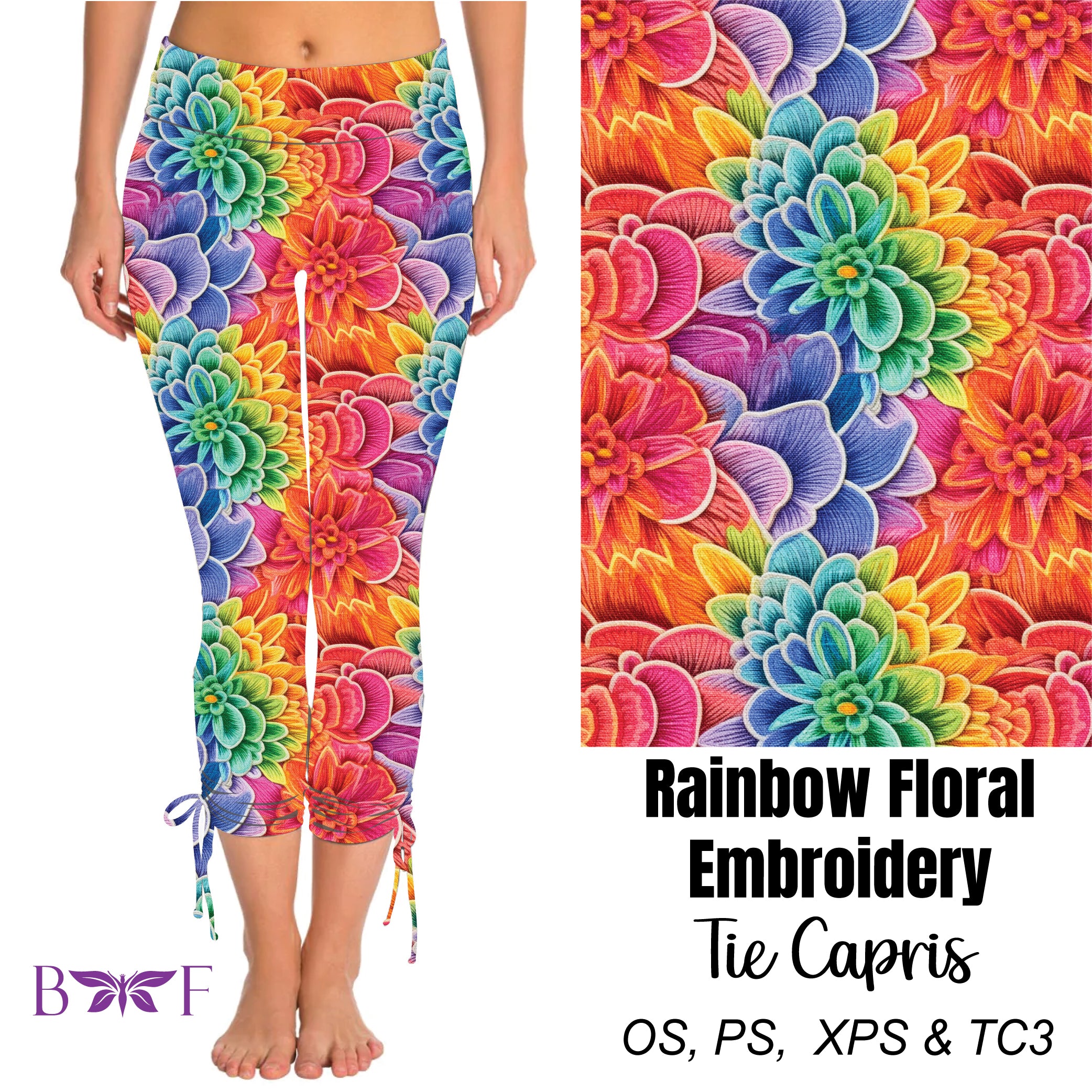 Rainbow Floral Embroidery Side Tie Capris and Biker Shorts