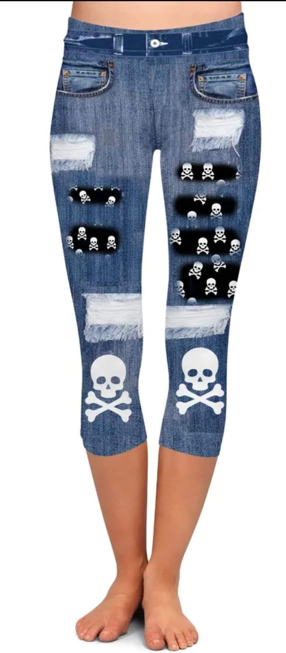 Denim skulls leggings and capris with pockets