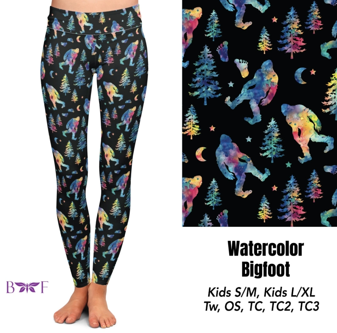 Watercolor Bigfoot leggings, capris and skorts with pockets