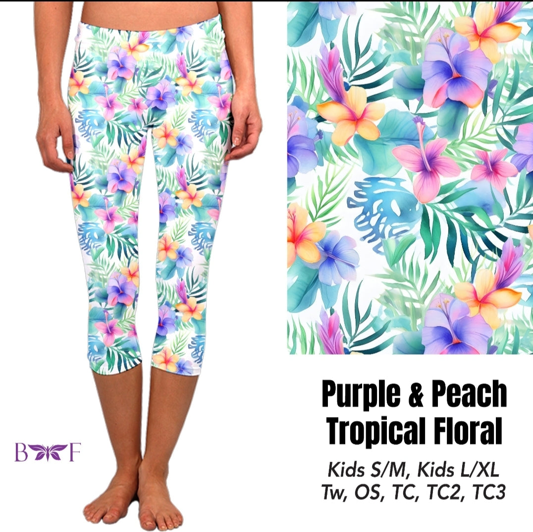 Purple and Peach Tropical Floral capris and biker shorts with pockets