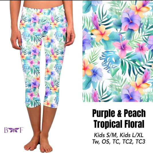 Purple and Peach Tropical Floral capris and biker shorts with pockets