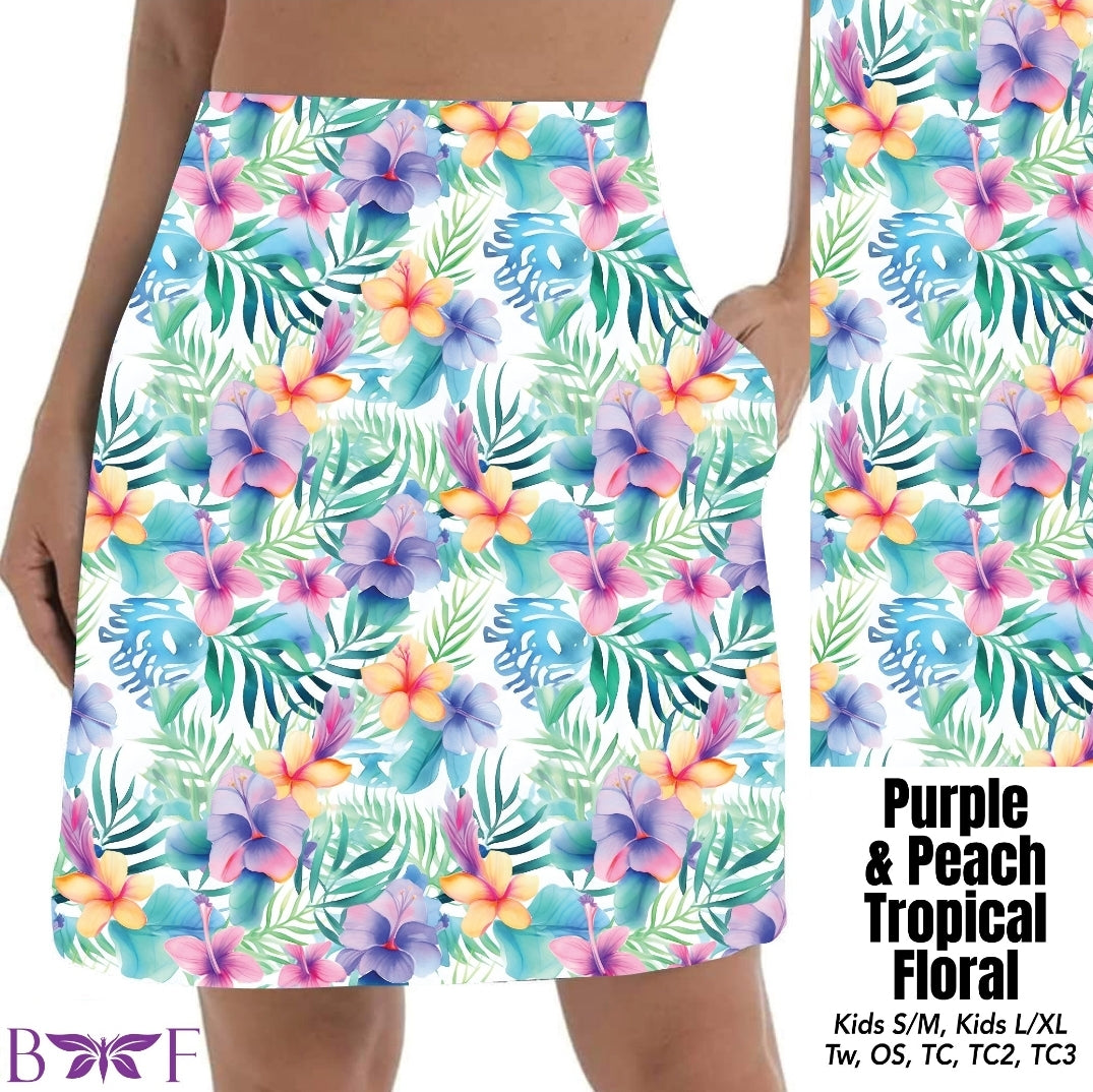 Purple and Peach Tropical Floral capris and biker shorts with pockets