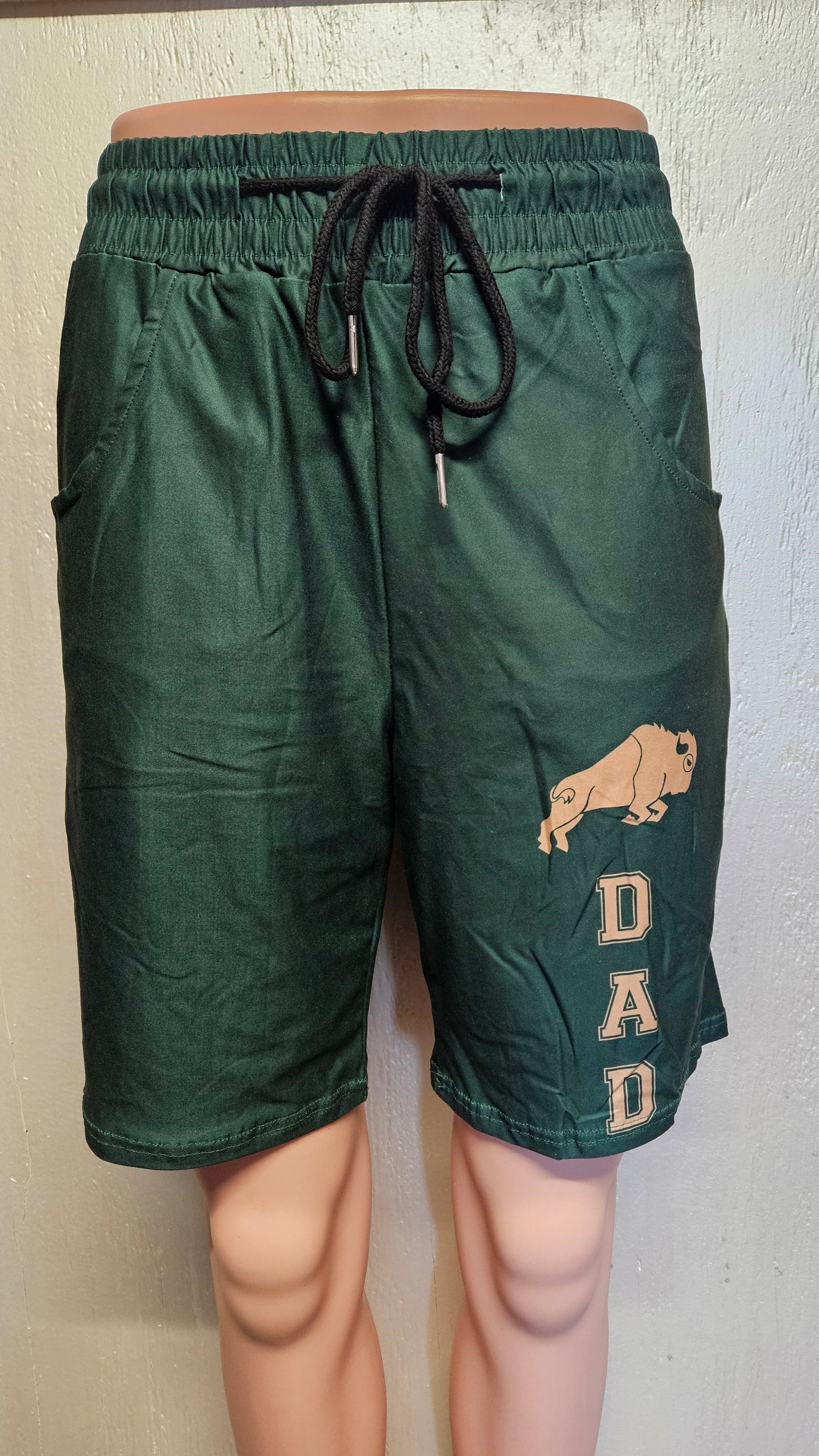 Green and Gold Buffalo Dad jogger shorts with 8" inseam (Charter School support)