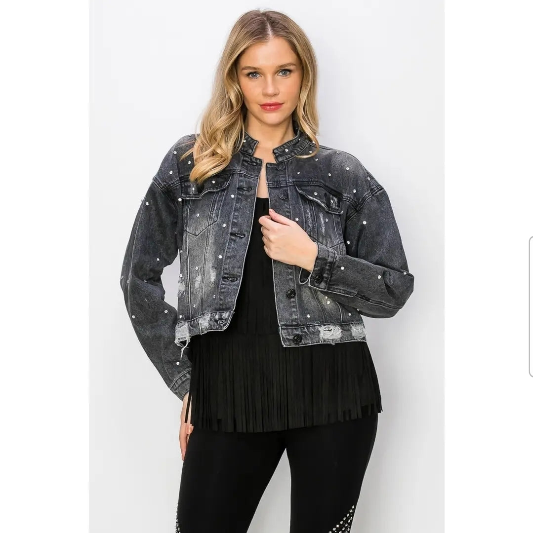 Blue and Black Denim real rhinestone distressed jackets, MADE IN THE USA!