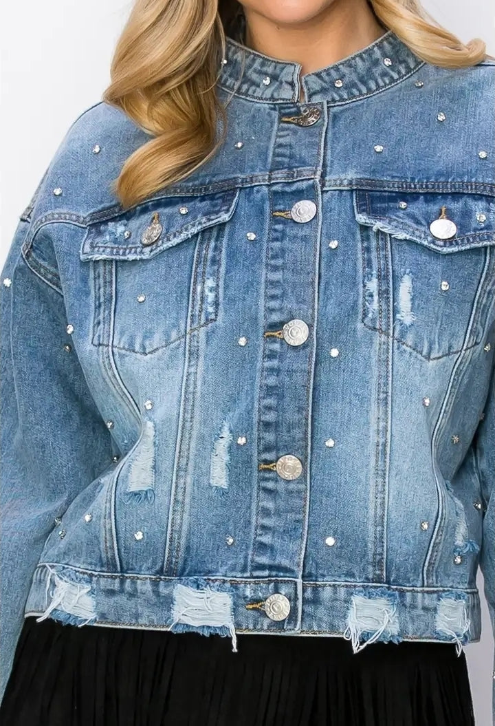 Blue and Black Denim real rhinestone distressed jackets, MADE IN THE USA!
