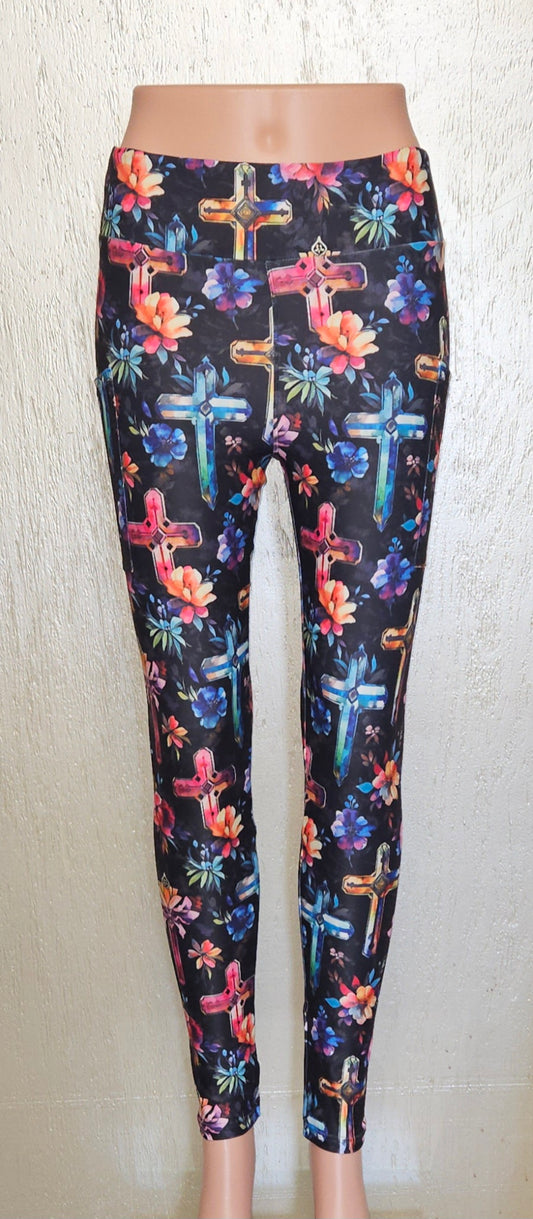Floral Crosses on Black leggings and capris with pockets