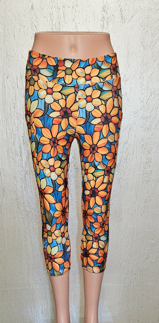 Stained Glass Sunflower capris and biker shorts with pockets