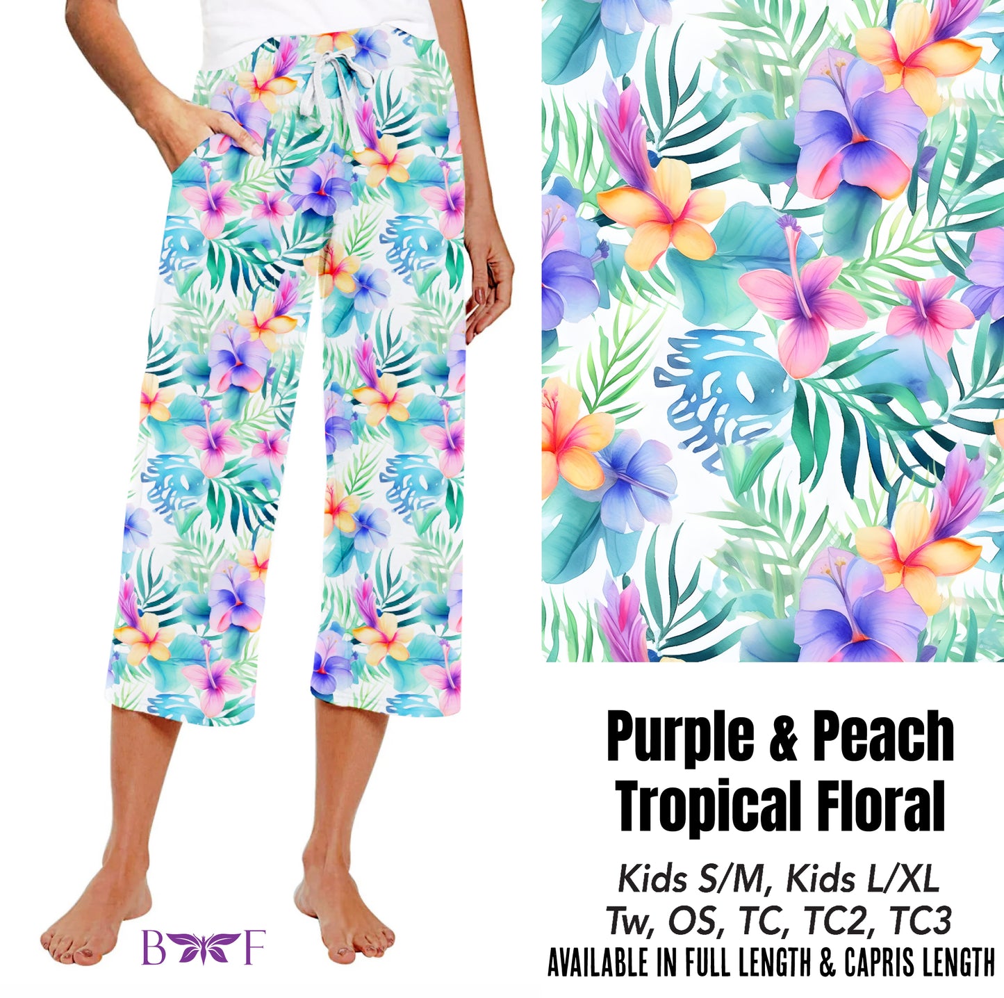 Purple & Peach Tropical Floral capris and biker shorts with pockets