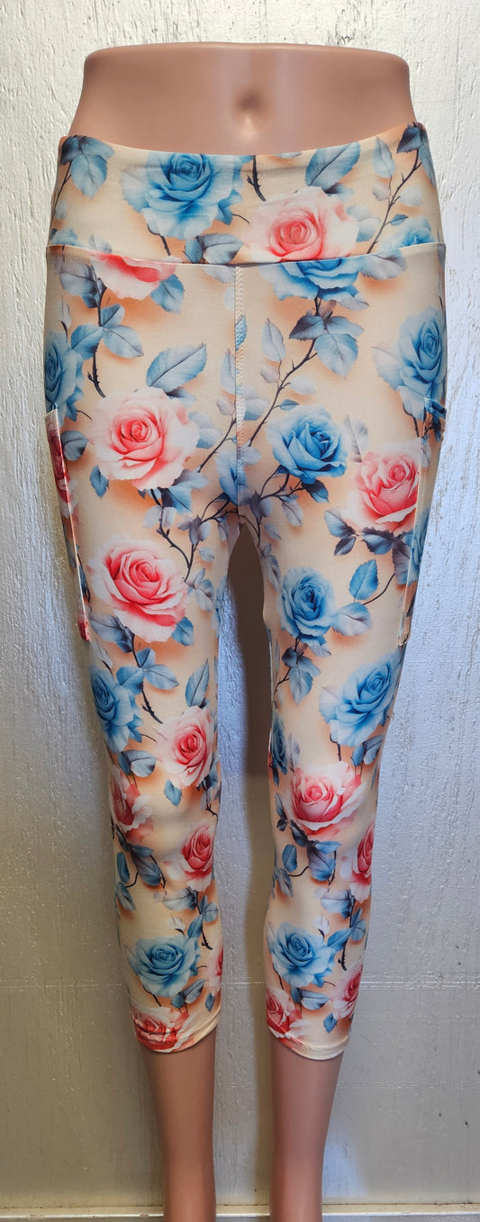 Blue and Pink Roses capris with pockets