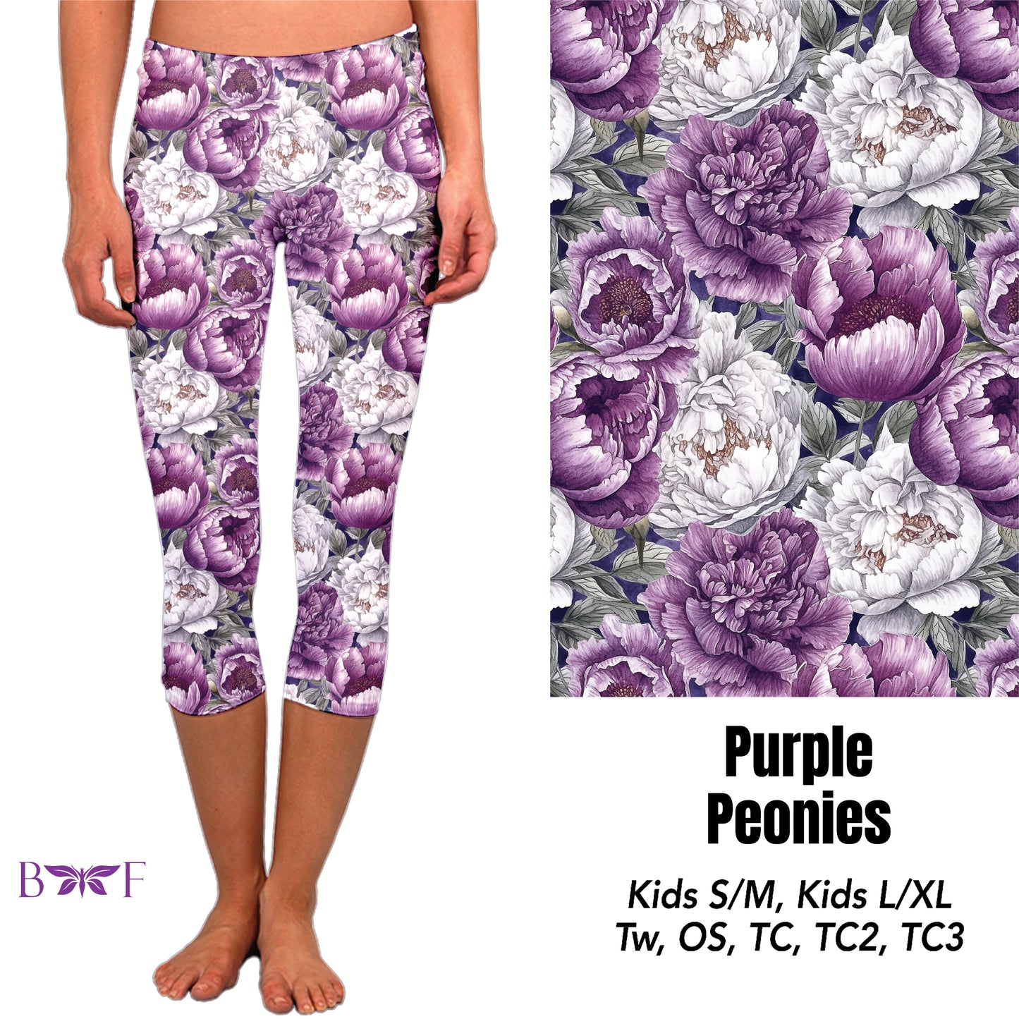 Purple Peonies capris, leggings and skorts with pockets