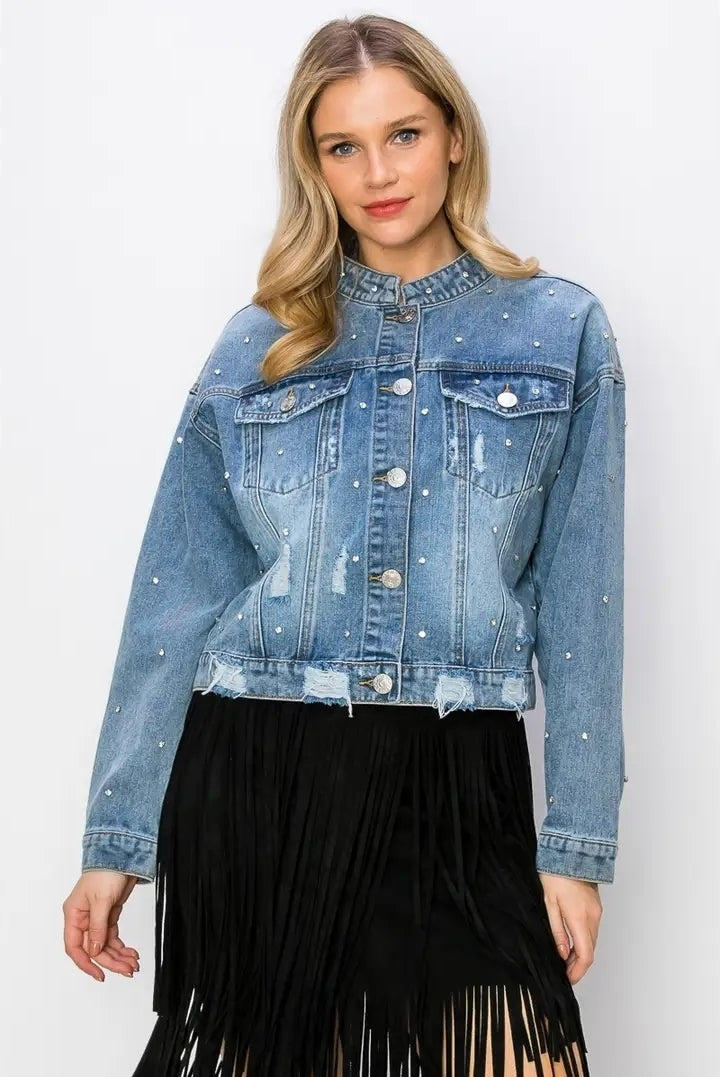 Blue and Black Denim real rhinestone distressed jackets, MADE IN THE USA!