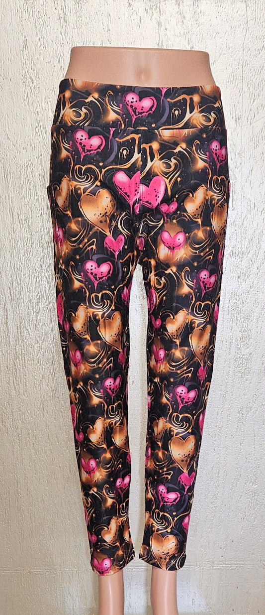 Gold & Pink Hearts leggings and skorts with pockets