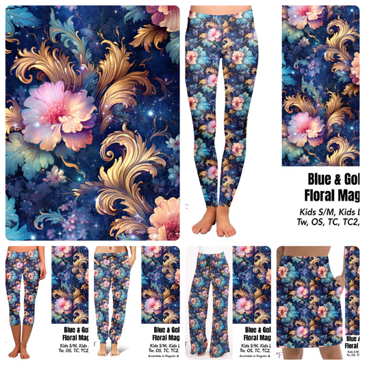 Blue and gold floral magic leggings and capris with pockets