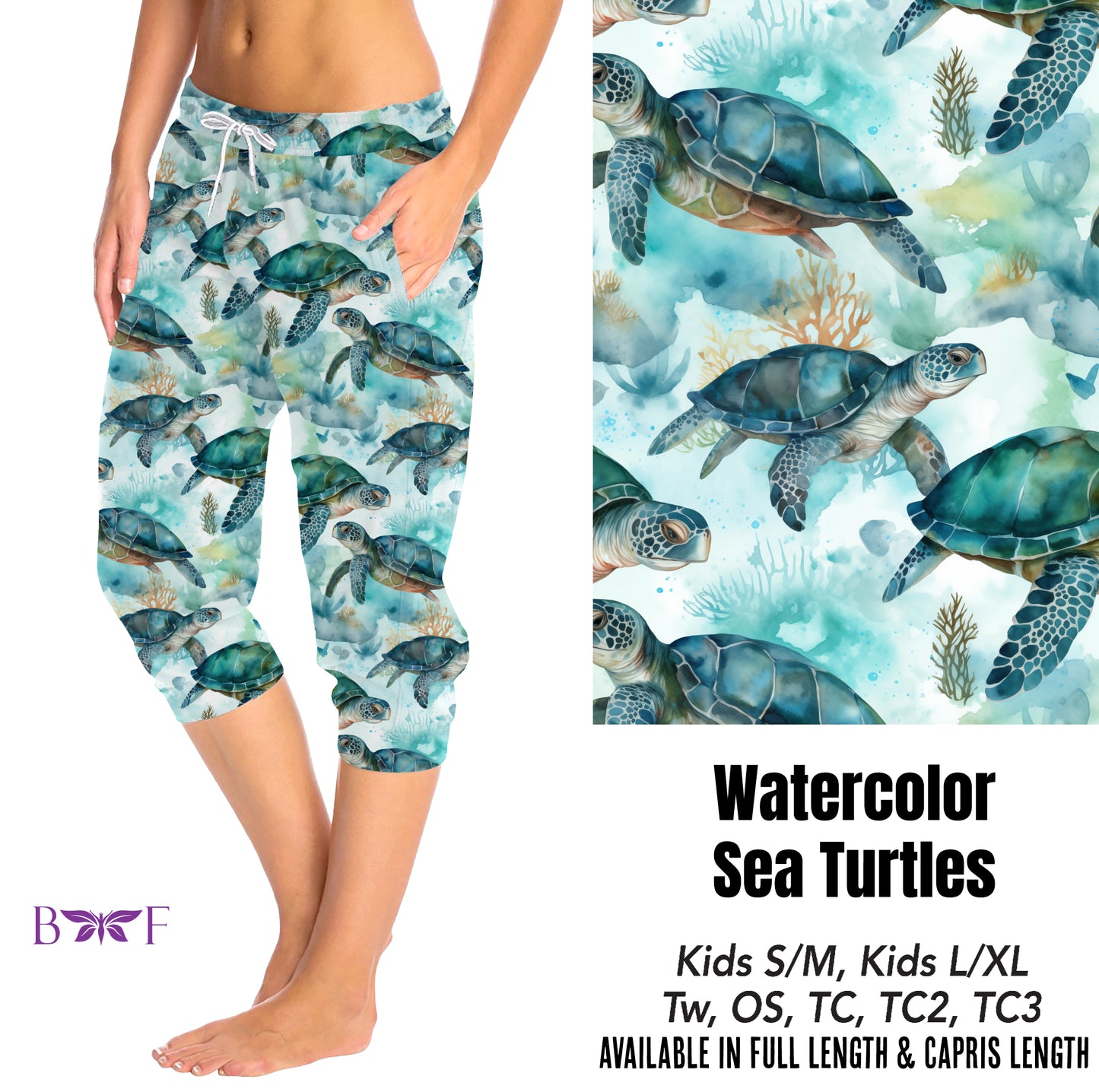 Watercolor sea Turtles 🐢 leggings and capris with pockets