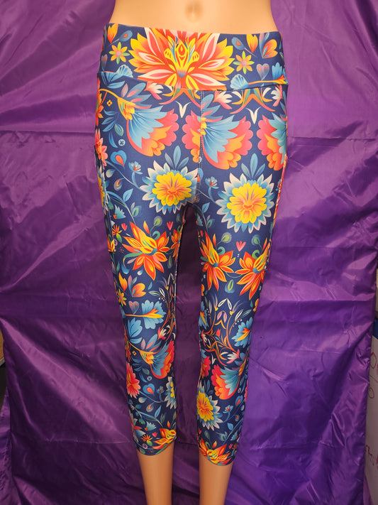Mexican Floral on Navy capris and bike shorts