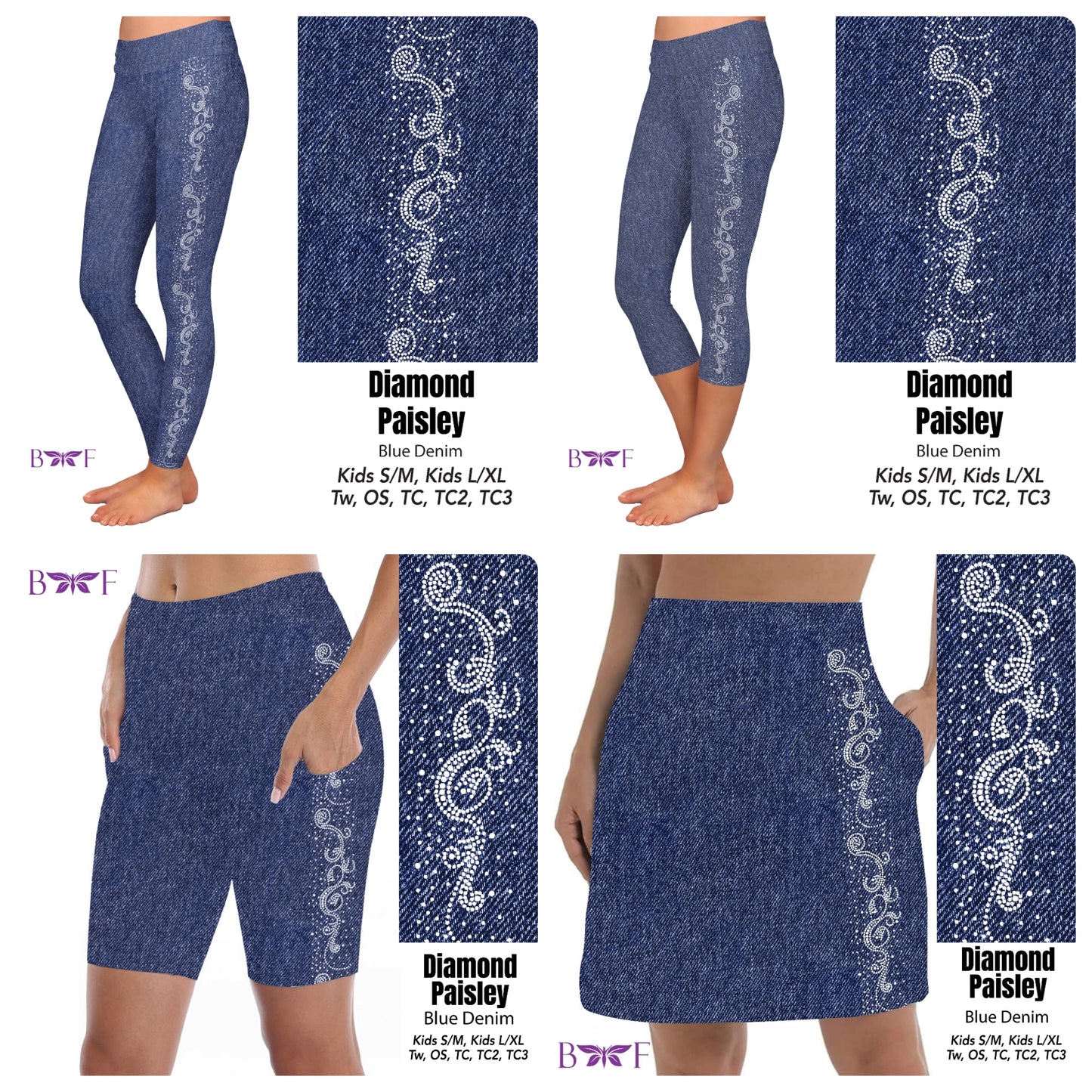 Gemstone diamond paisley on blue faux denim REAL gemstones