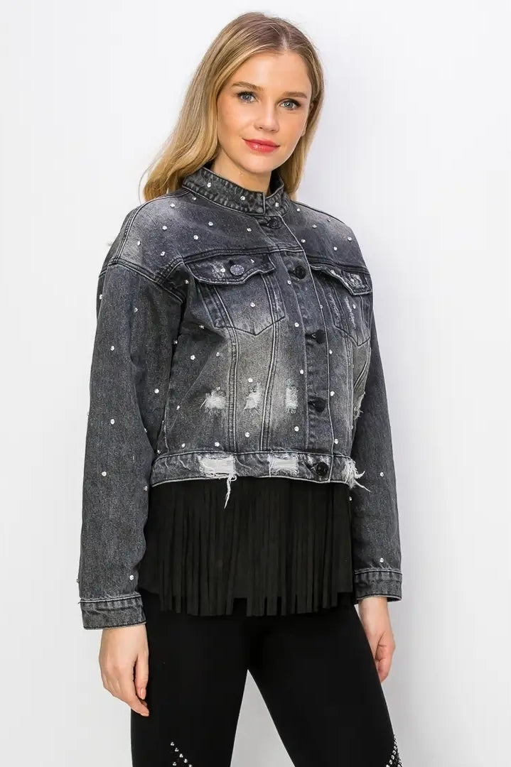 Blue and Black Denim real rhinestone distressed jackets, MADE IN THE USA!