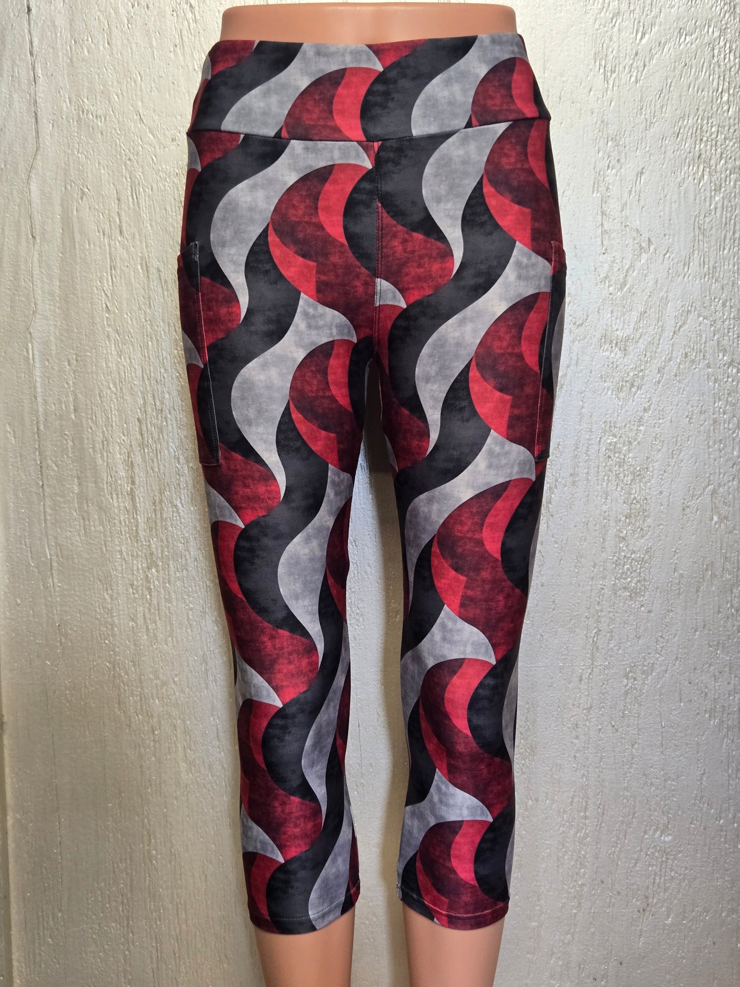 Burgundy, Black, and Grey Waves capris and skorts with pockets