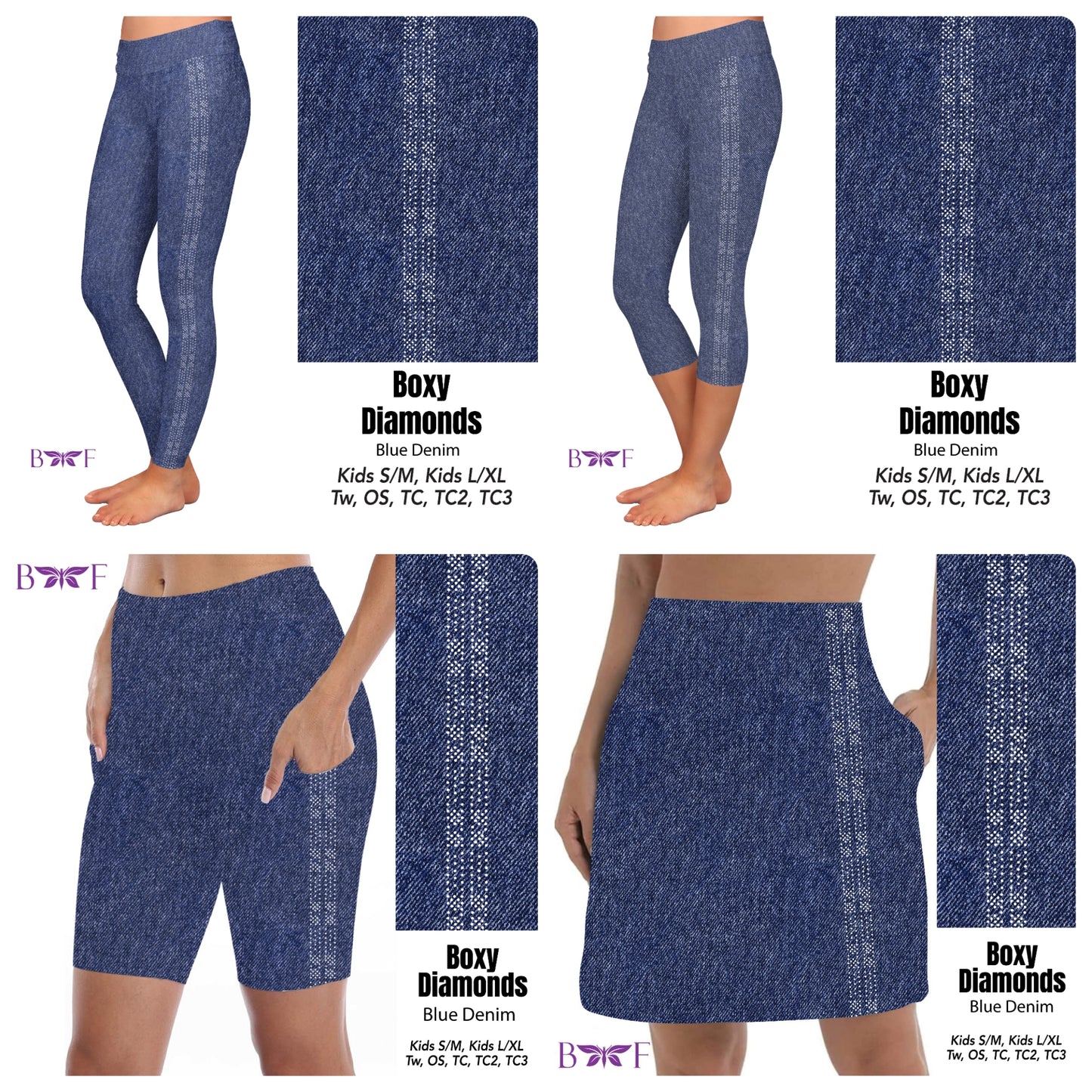 Gemstone boxy diamonds on blue faux denim skorts and capris REAL gemstones