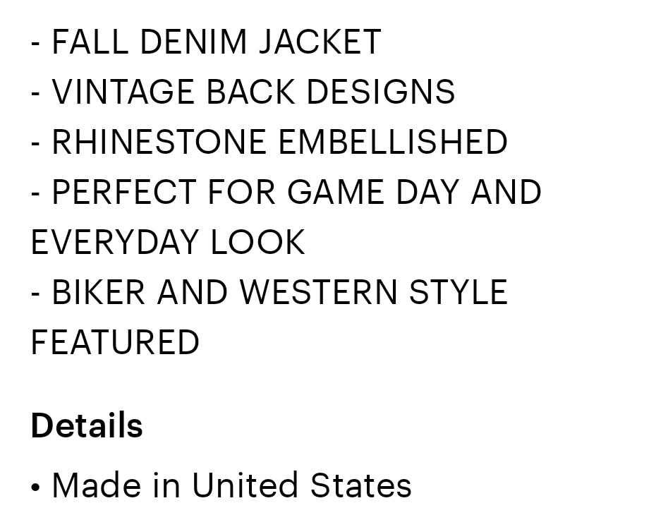 Blue and Black Denim real rhinestone distressed jackets, MADE IN THE USA!