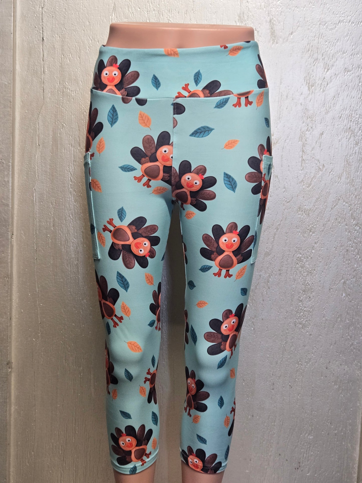 Teal turkey leggings and capris with pockets