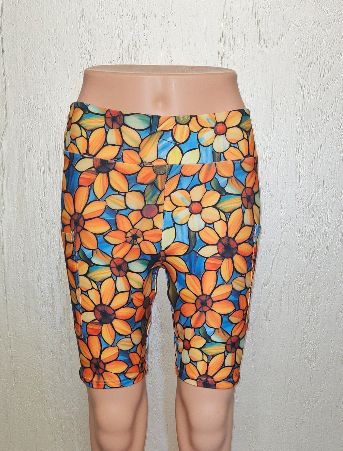 Stained Glass Sunflower capris and biker shorts with pockets