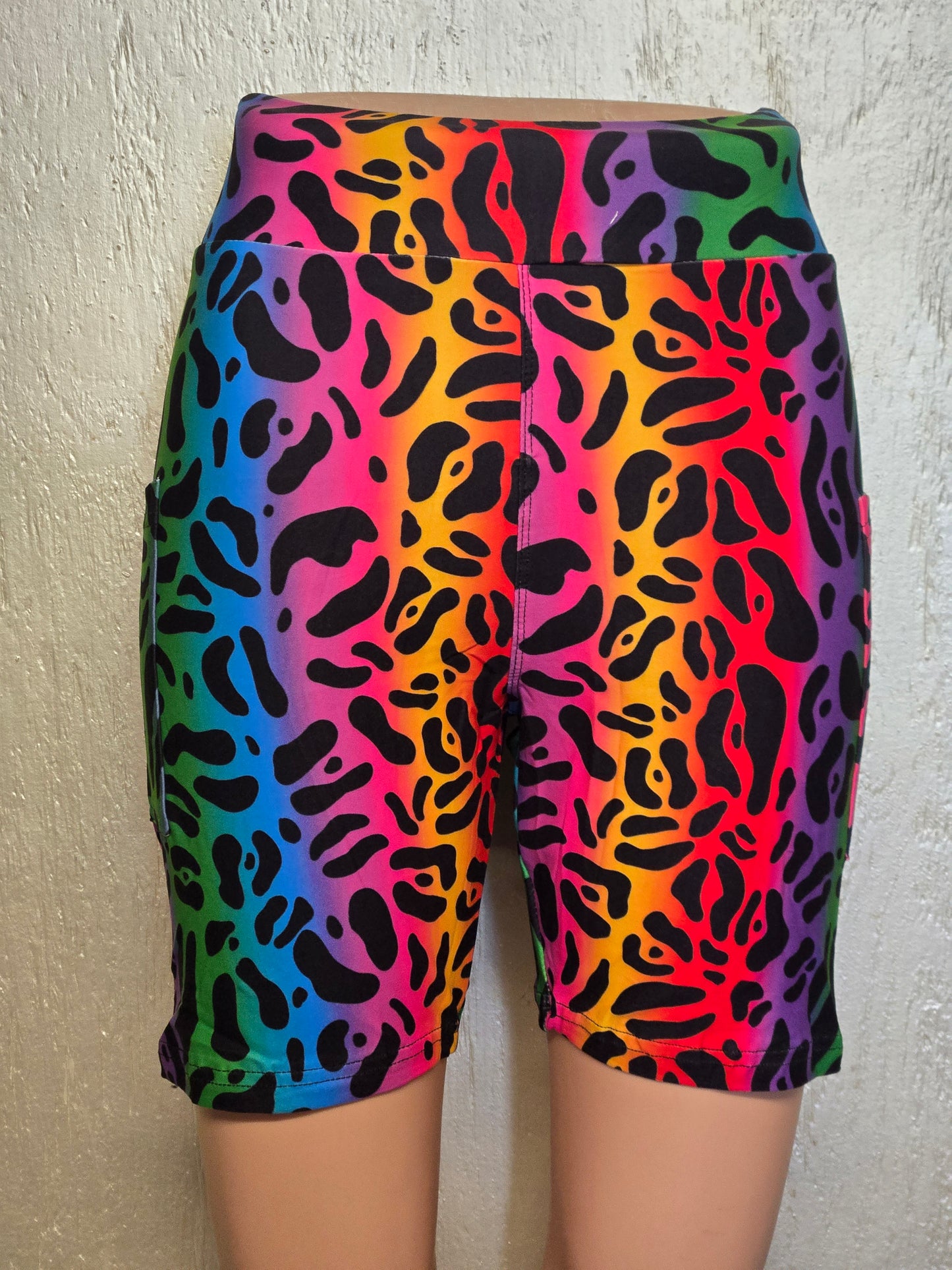 Rainbow leopard leggings and biker shorts with pockets