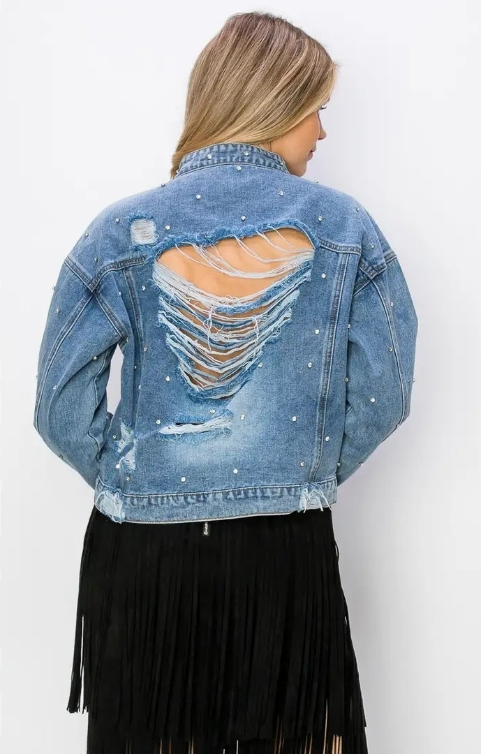 Blue and Black Denim real rhinestone distressed jackets, MADE IN THE USA!