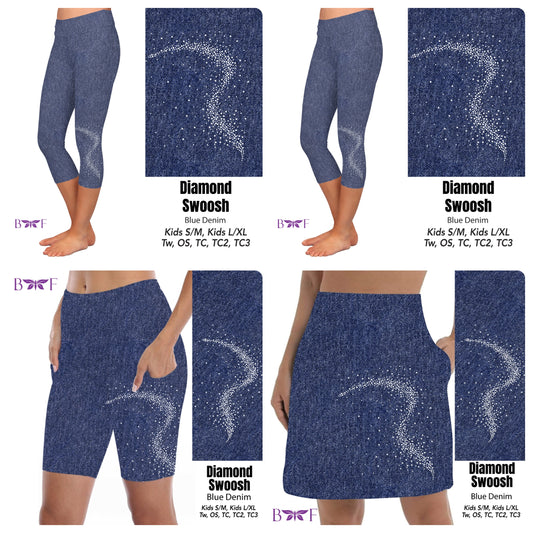 Gemstone diamond swoosh on blue faux denim leggings and skorts