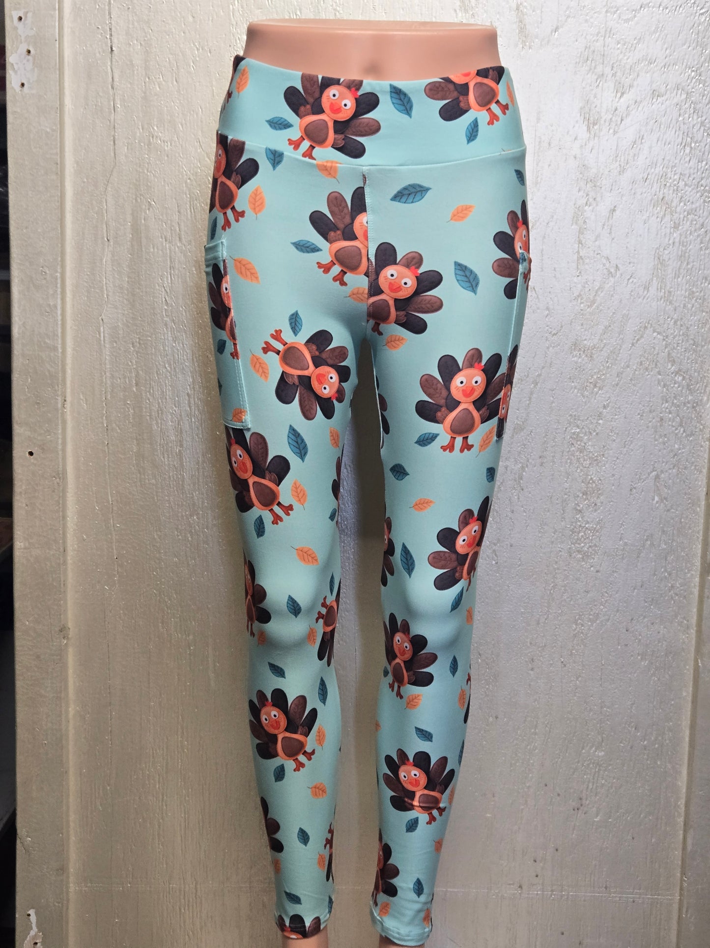 Teal turkey leggings and capris with pockets
