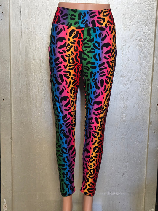 Rainbow leopard leggings and biker shorts with pockets