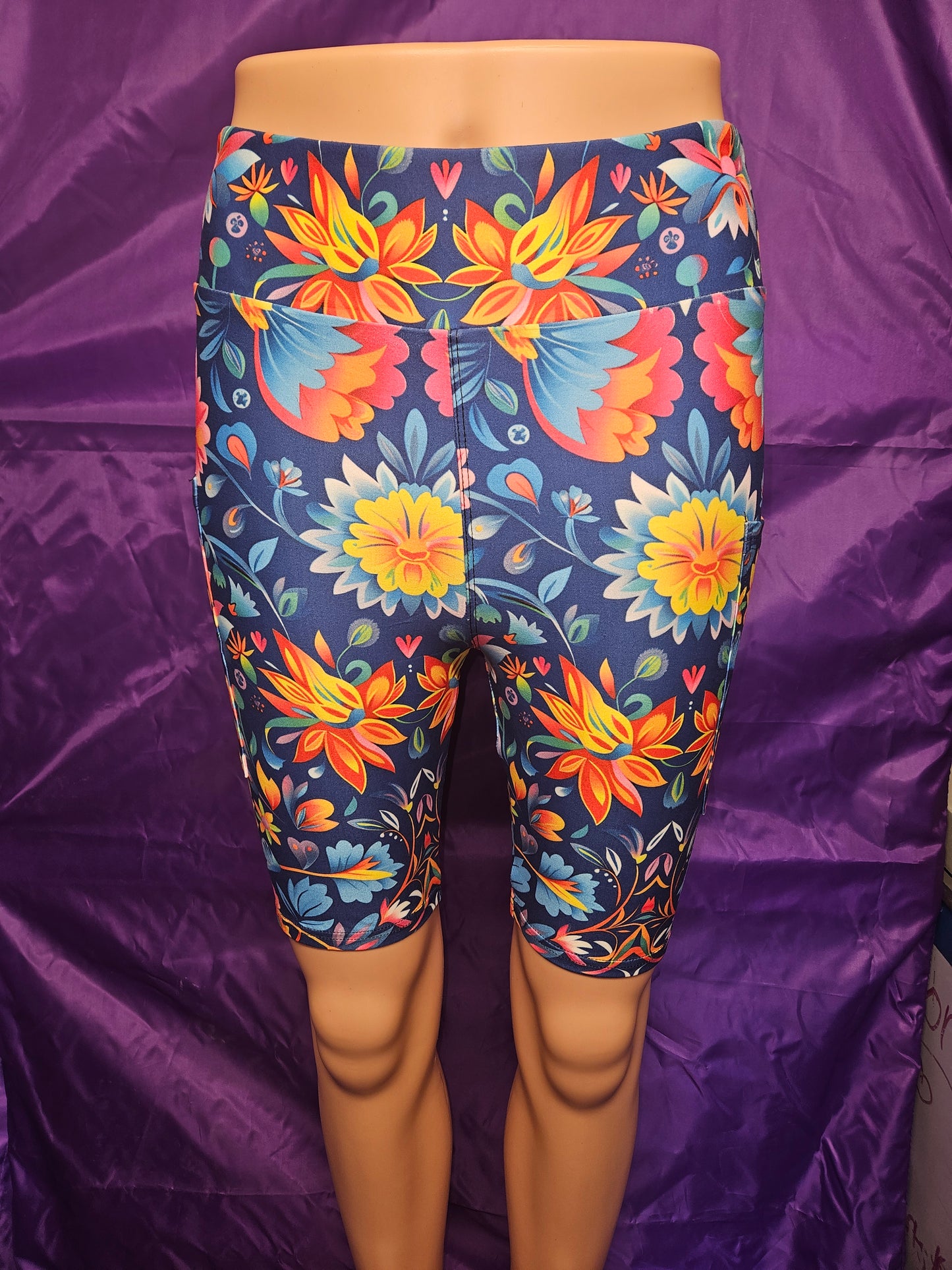 Mexican Floral on Navy capris and bike shorts