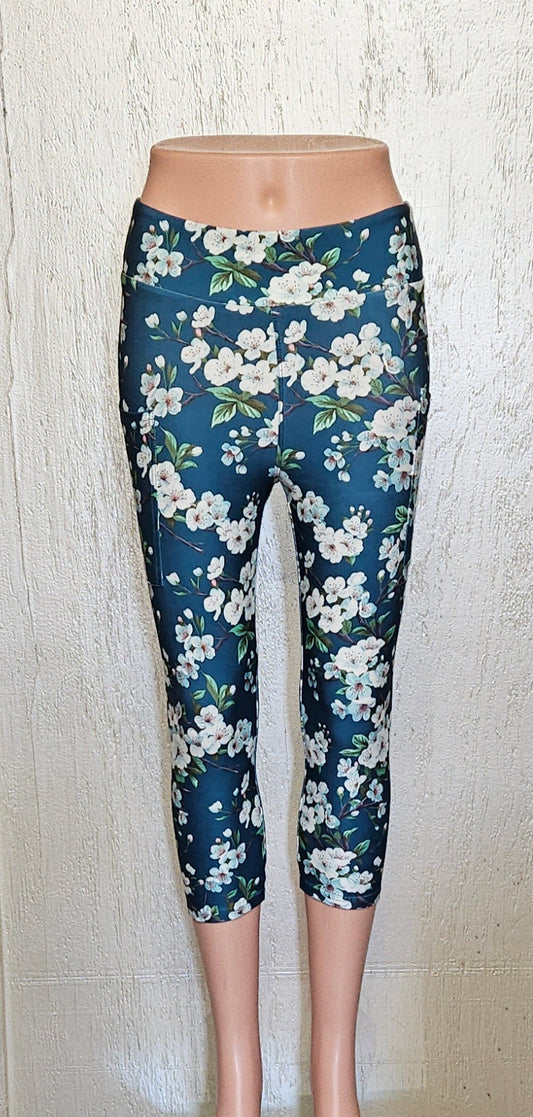 White Flower on Dark Teal capris with pockets