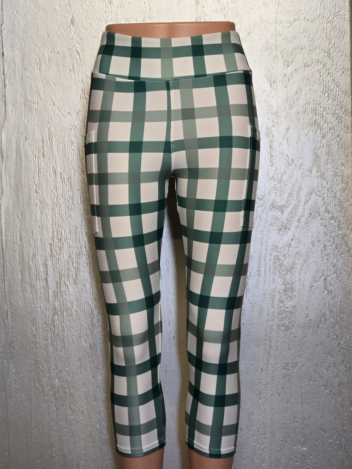 Green plaid leggings and capris with pockets