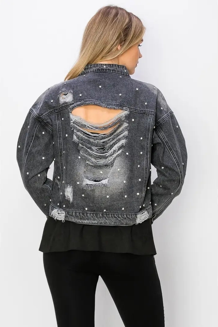 Blue and Black Denim real rhinestone distressed jackets, MADE IN THE USA!
