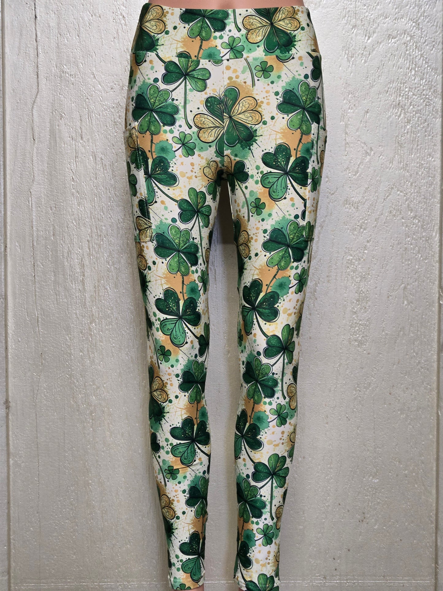 Green and Gold Clovers skorts, leggings and capris with pockets