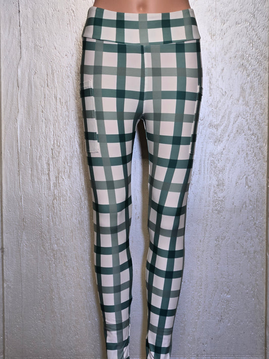 Green plaid leggings and capris with pockets
