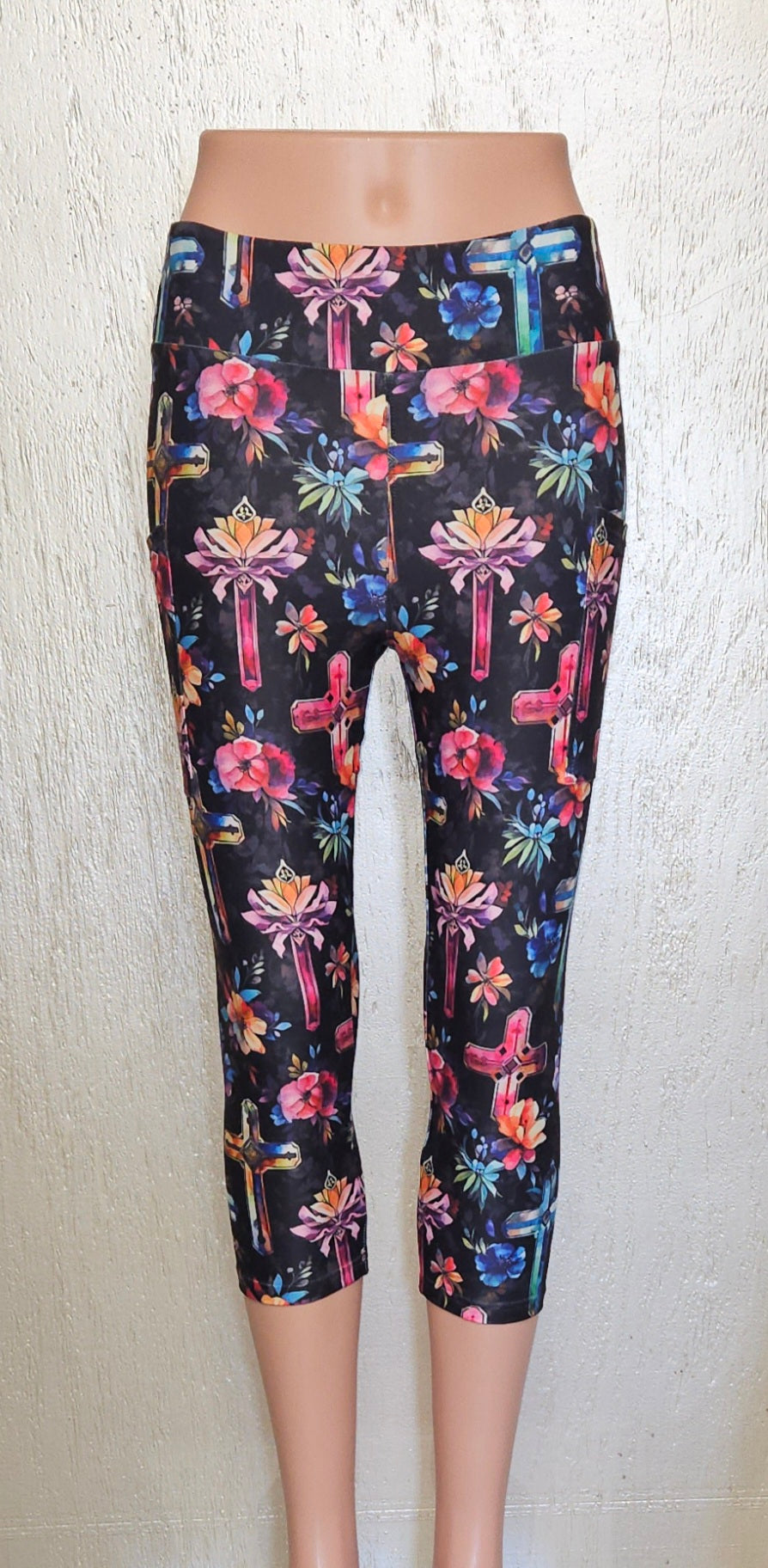 Floral Crosses on Black leggings and capris with pockets